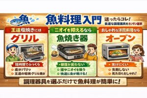魚料理、・王道の塩焼きを時短で楽しむ→ 魚焼きグリル・ニオイのストレスをなくしたい→ 魚焼き器・失敗なくおしゃれに作りたい→ オーブン。釣太郎