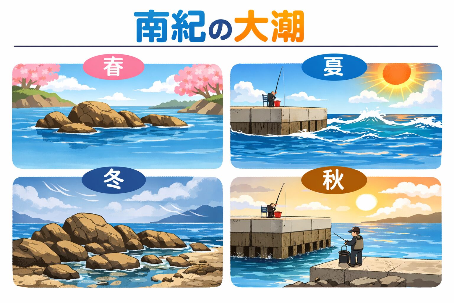 南紀の大潮は季節で潮位差が大きく変わる・最大は春、最小は冬・夏はウネリ込みで危険度が上がる・秋は最も安定し、釣りやすい。釣太郎