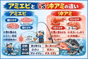 アミエビと沖アミの違いはエサの格の違いではありません。役割が違うだけです。アミエビ→ 魚を集める。沖アミ→ 魚に食わせる。釣太郎