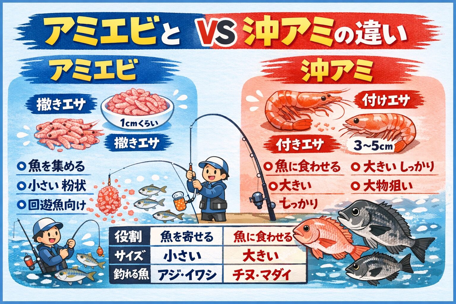 アミエビと沖アミの違いはエサの格の違いではありません。役割が違うだけです。アミエビ→ 魚を集める。沖アミ→ 魚に食わせる。釣太郎