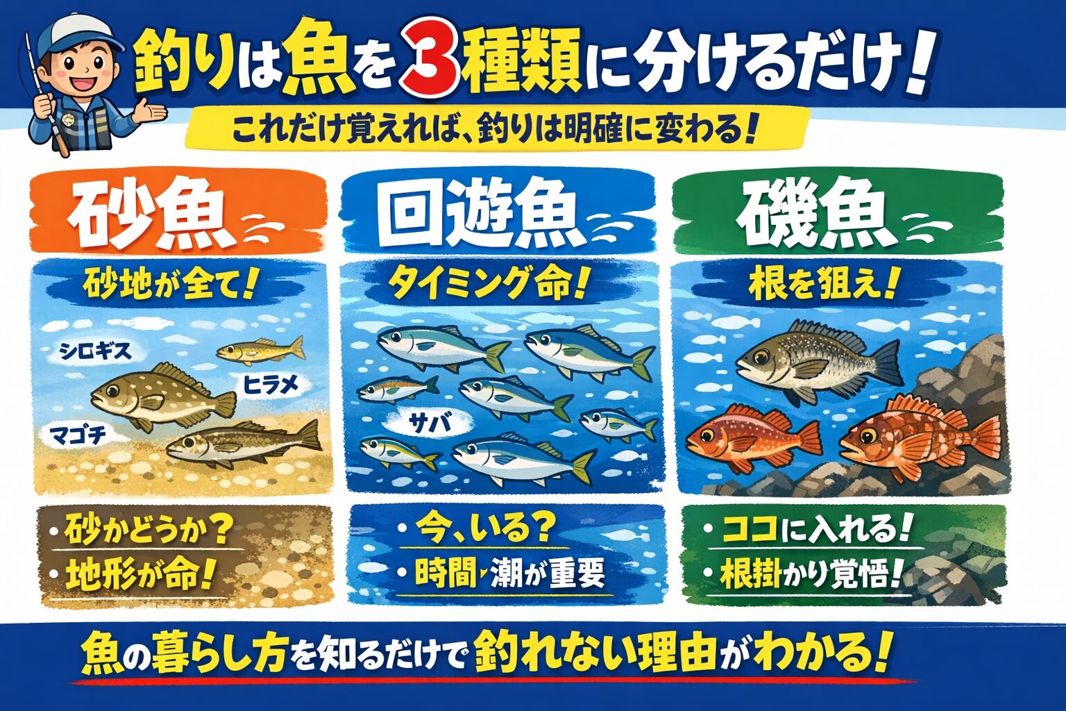 砂魚には砂魚の考え方 回遊魚には回遊魚の待ち方、磯魚には磯魚の入れ方、この視点を持った瞬間から、釣りは運ではなく、再現性になります。釣太郎