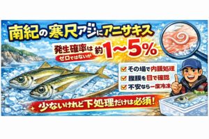 南紀の寒尺アジにアニサキスが入る確率は低い。目安は約1〜5％程度。サバやサンマより明らかに少ない。釣太郎