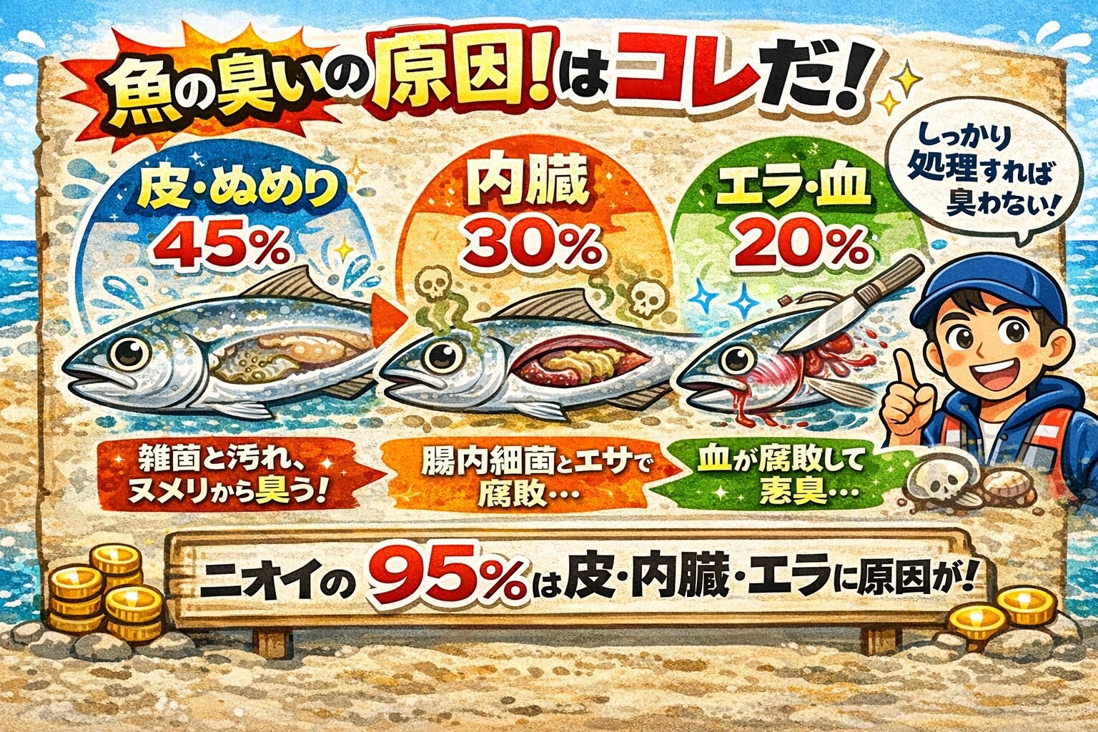 魚の臭いは、皮・ぬめり45％、内臓30％、エラ・血20％。釣太郎