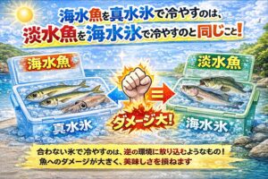 魚冷却、・海水魚 → 海水氷・淡水魚 → 真水氷。釣太郎