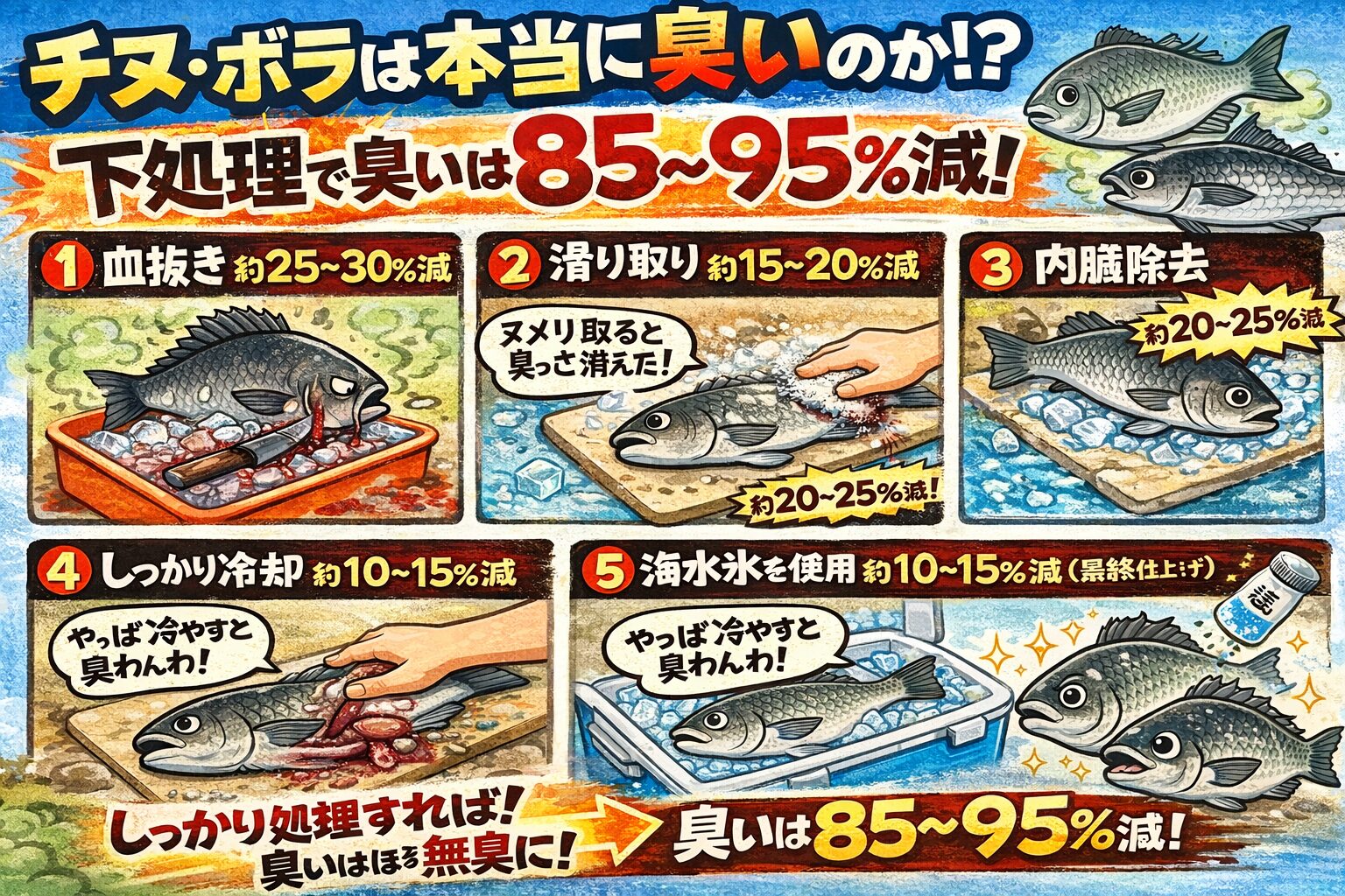 チヌ・ボラが「臭い魚」と言われる理由。釣り上げてからの扱いが雑。 ・血抜きしない・ヌメリそのまま・腹出さない・冷やし方が甘い。釣太郎