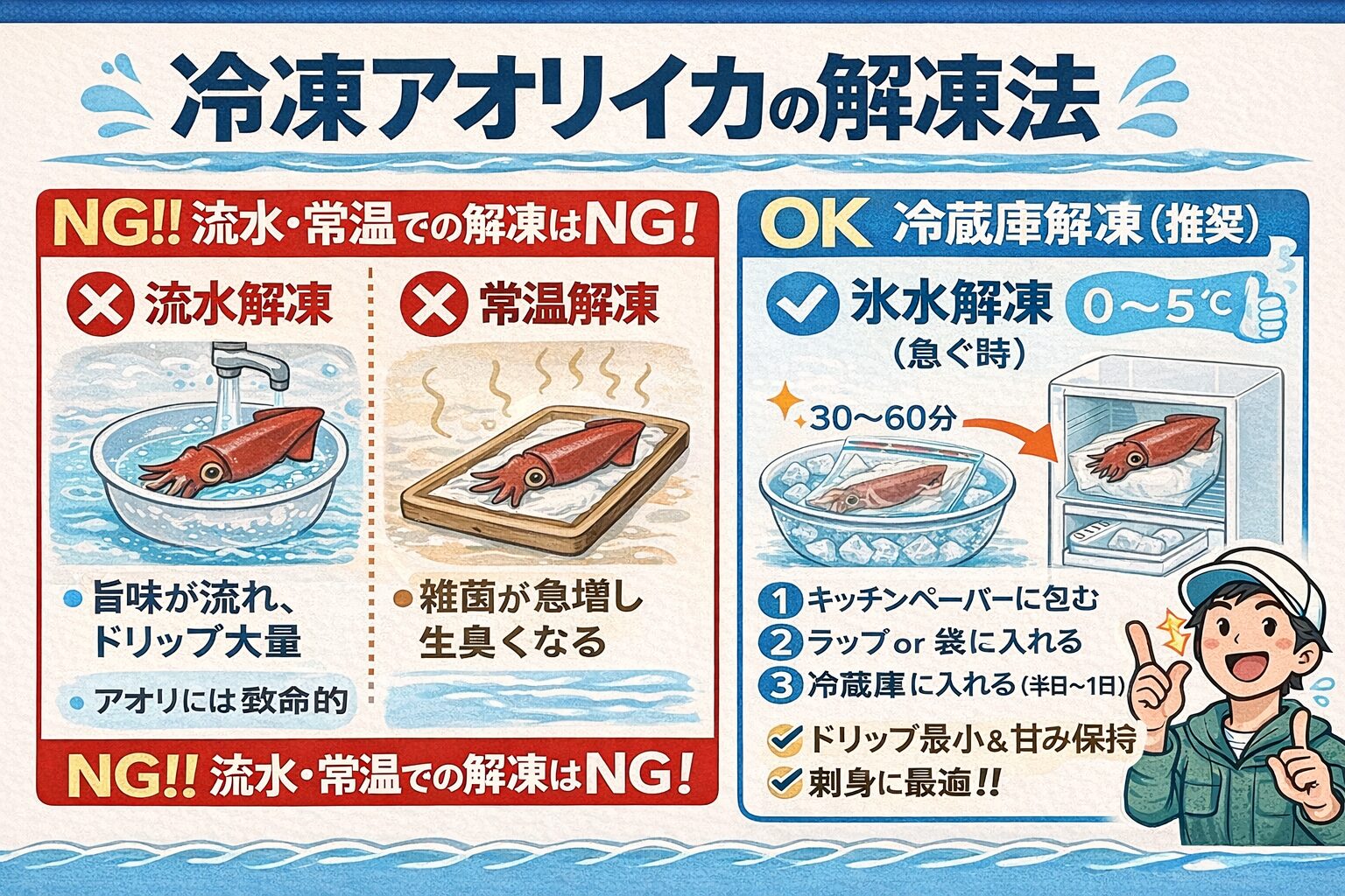 冷凍したアオリイカの解凍は、❌ NG・流水解凍 ・常温解凍⭕ OK・冷蔵庫解凍（最優先）・氷水解凍（緊急用）釣太郎