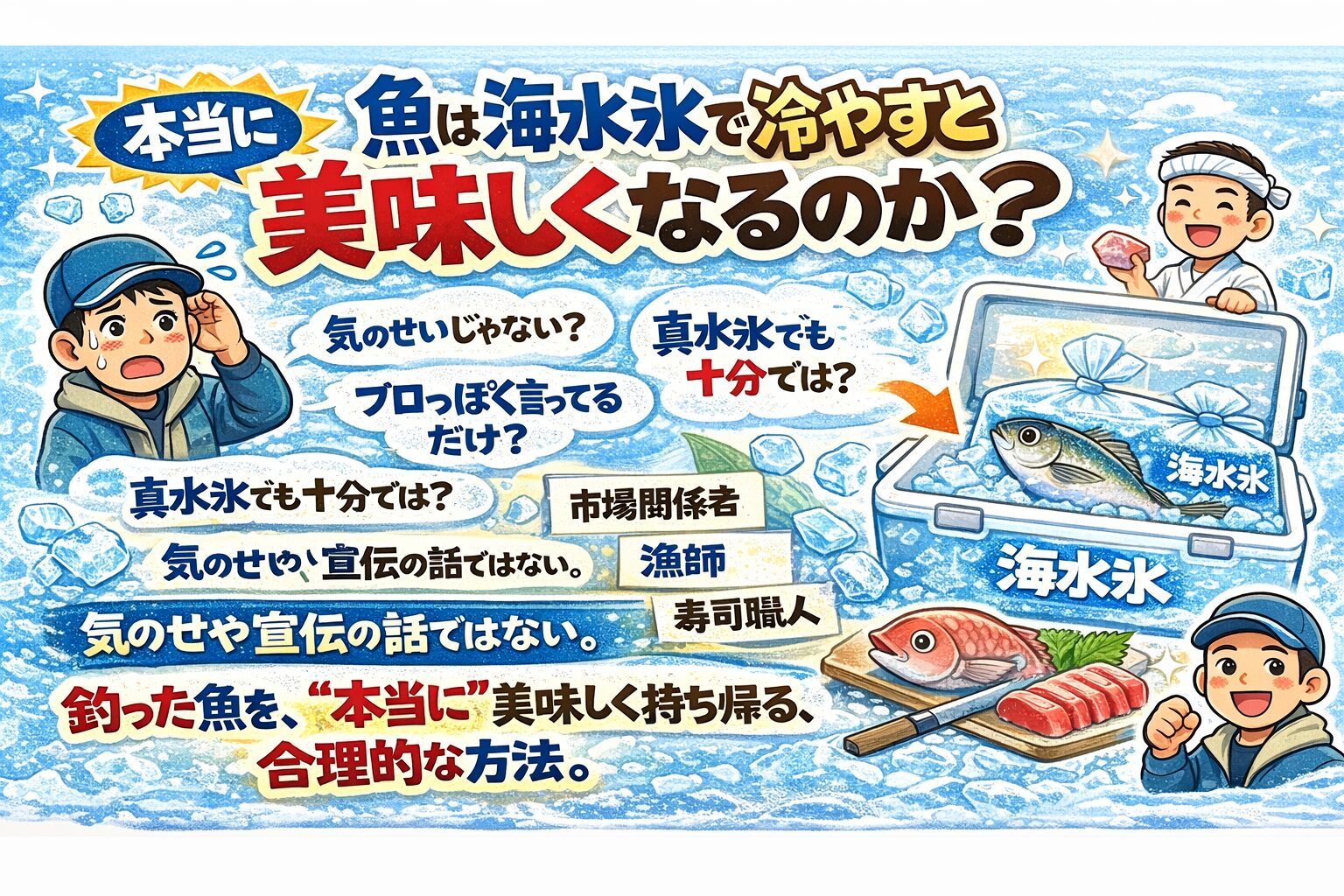 魚は、 海水氷で冷やすと 本当に美味しくなります。 これは、 宣伝でも流行りでもなく、 生き物の構造に基づいた話。釣太郎