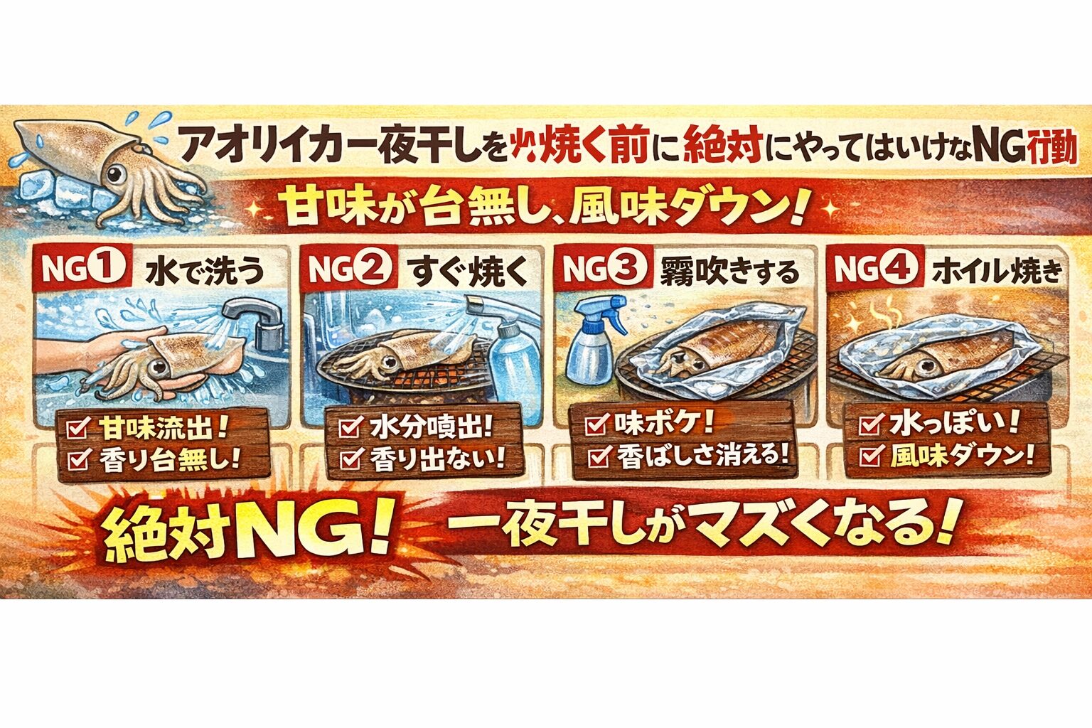 アオリイカ一夜干しを焼く前にやってはいけないNG行動.釣太郎