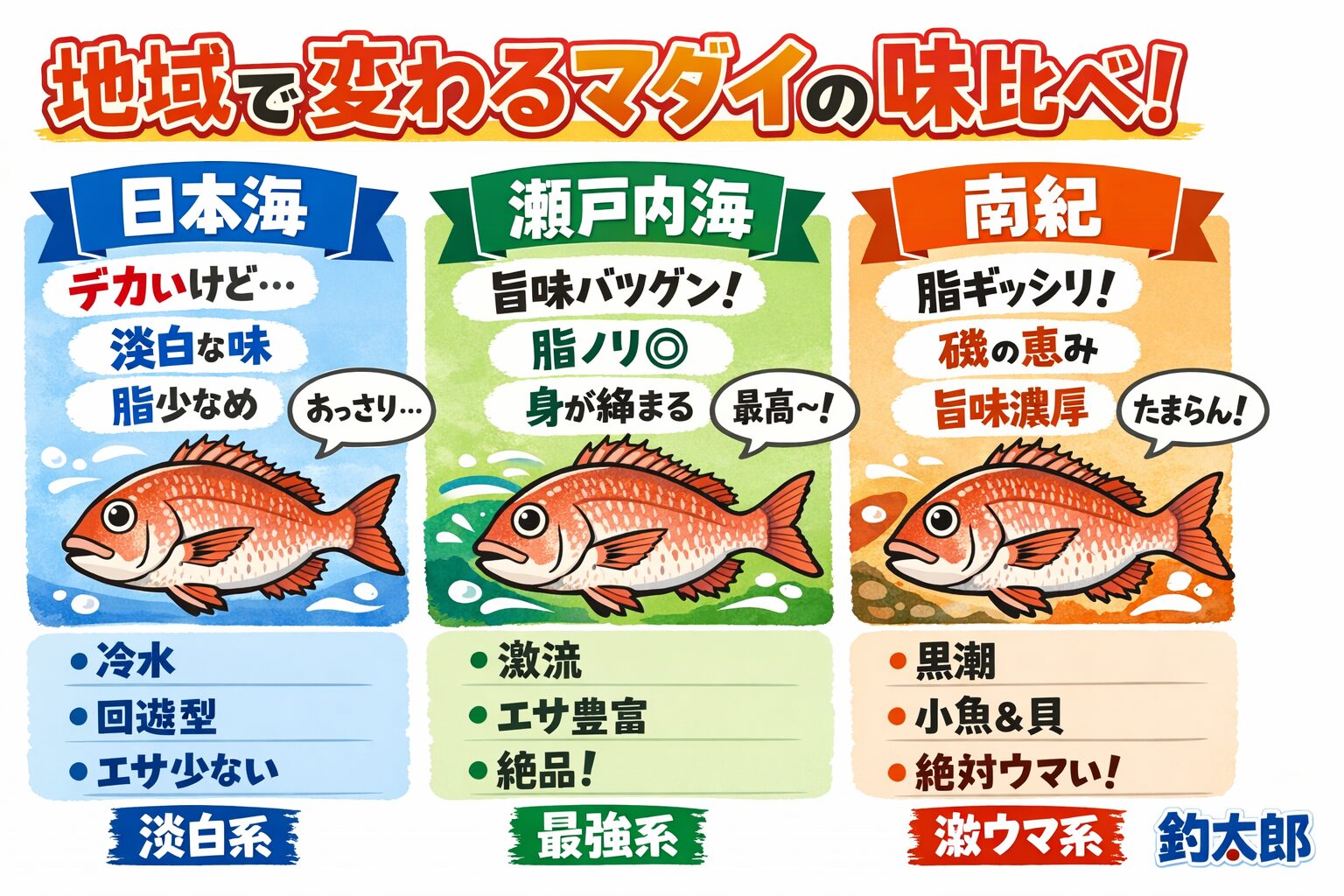 マダイは地域で味が別物・日本海は大型だが淡白・瀬戸内と南紀は最強クラス・味は水温とエサで決まる・サイズより育ちが重要。釣太郎