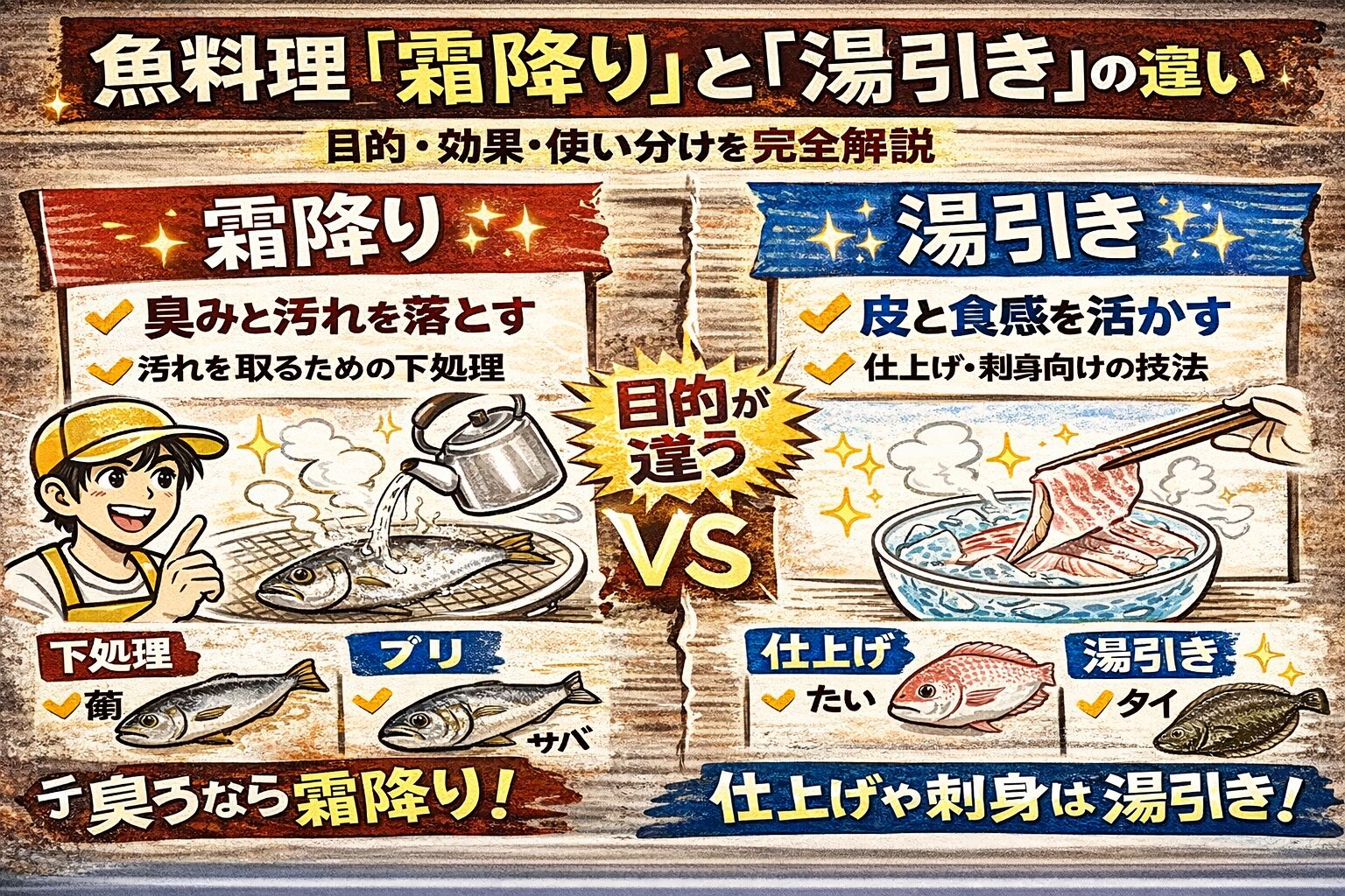 霜降りと湯引きは、似ているようで目的がまったく違う技法。霜降り・臭みと汚れを落とす・下処理。湯引き・皮と食感を活かす・仕上げ。釣太郎