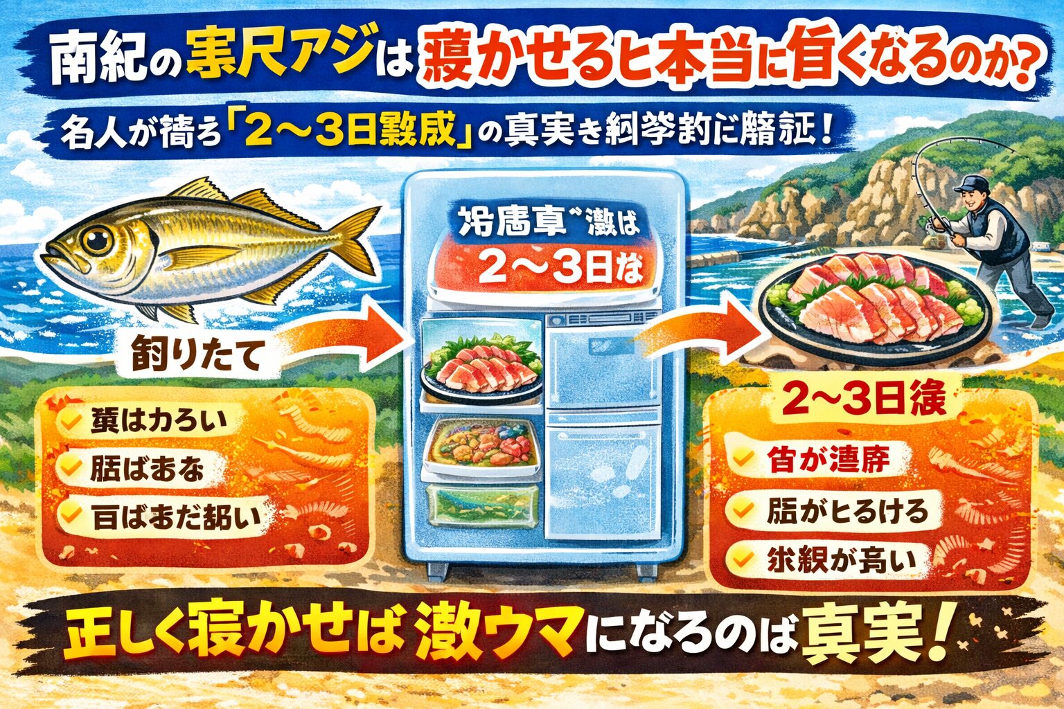 南紀の寒尺アジを、下処理後に冷蔵庫で2〜3日寝かせる。これは、間違いなく真実。ATP分解による旨味増加・脂と身の一体化・居付き金アジ特有の熟成耐性。釣太郎