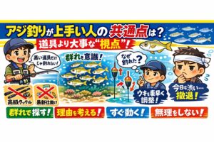アジ釣りが上手い人の共通点は、群れで見る ・理由を考える・やる気を読む・動く判断が早い。この視点。釣太郎