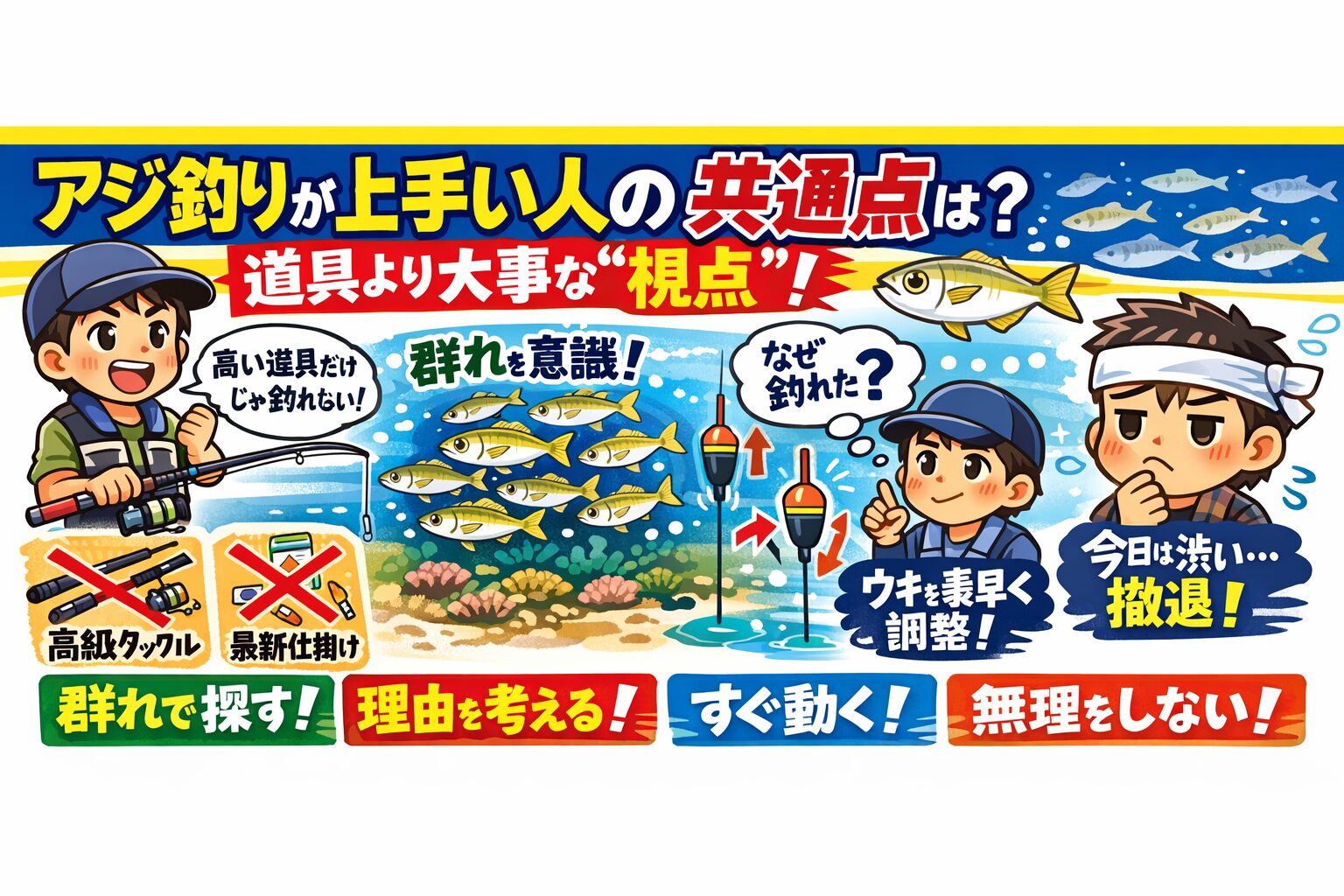 アジ釣りが上手い人の共通点は、群れで見る ・理由を考える・やる気を読む・動く判断が早い。この視点。釣太郎