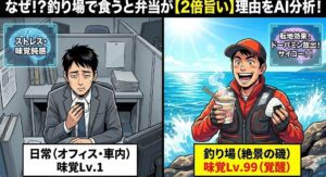 釣り場で食べる弁当が旨い理由は以下の通り。開放感による味覚センサーの感度アップ。運動と寒さによる本能的なカロリー欲求。釣れるかも」という期待感による脳内麻薬の分泌。釣太郎