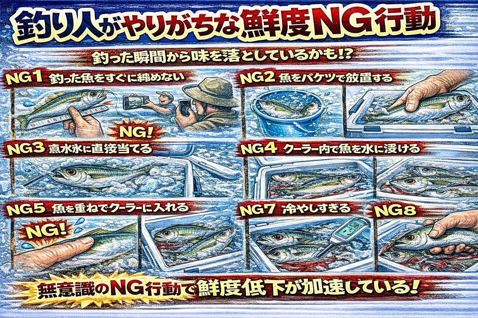 釣り人の無意識行動が鮮度を落とす・締め遅れは最大のNG・真水と水浸しは致命的・身を押すのは劣化行為・鮮度は「触らない・早く締める・正しく冷やす」で守れる。釣太郎