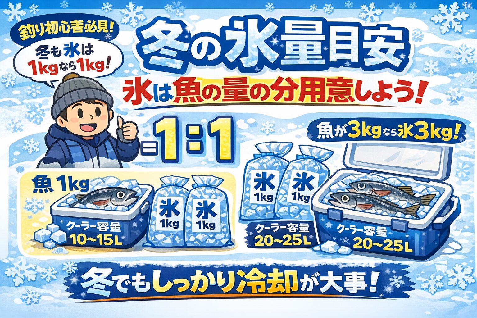 冬でも氷は必須・氷量の目安は魚：氷＝1：1・時間ではなく魚の量で考える・冬こそ冷却の差が味に直結。釣太郎