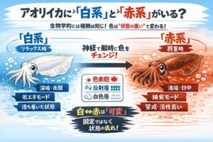 アオリイカに白系・赤系という種は存在しない。体色は神経制御による状態変化・赤系＝興奮・捕食・警戒・白系＝落ち着き・省エネ・夜間。釣太郎