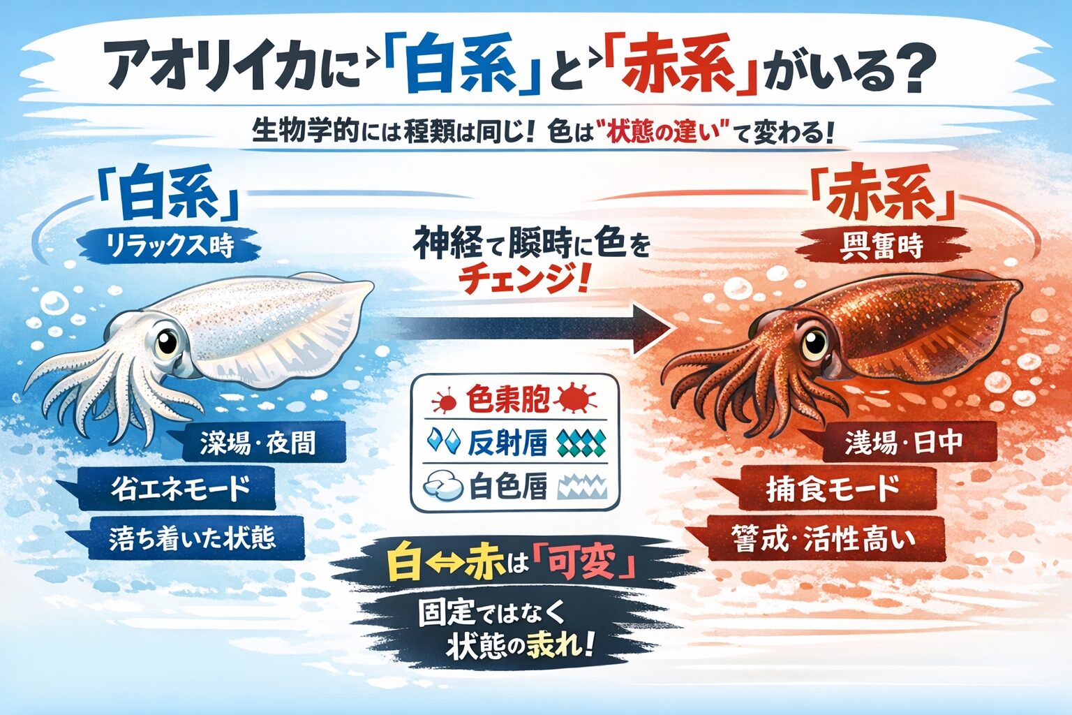 アオリイカに白系・赤系という種は存在しない。体色は神経制御による状態変化・赤系＝興奮・捕食・警戒・白系＝落ち着き・省エネ・夜間。釣太郎