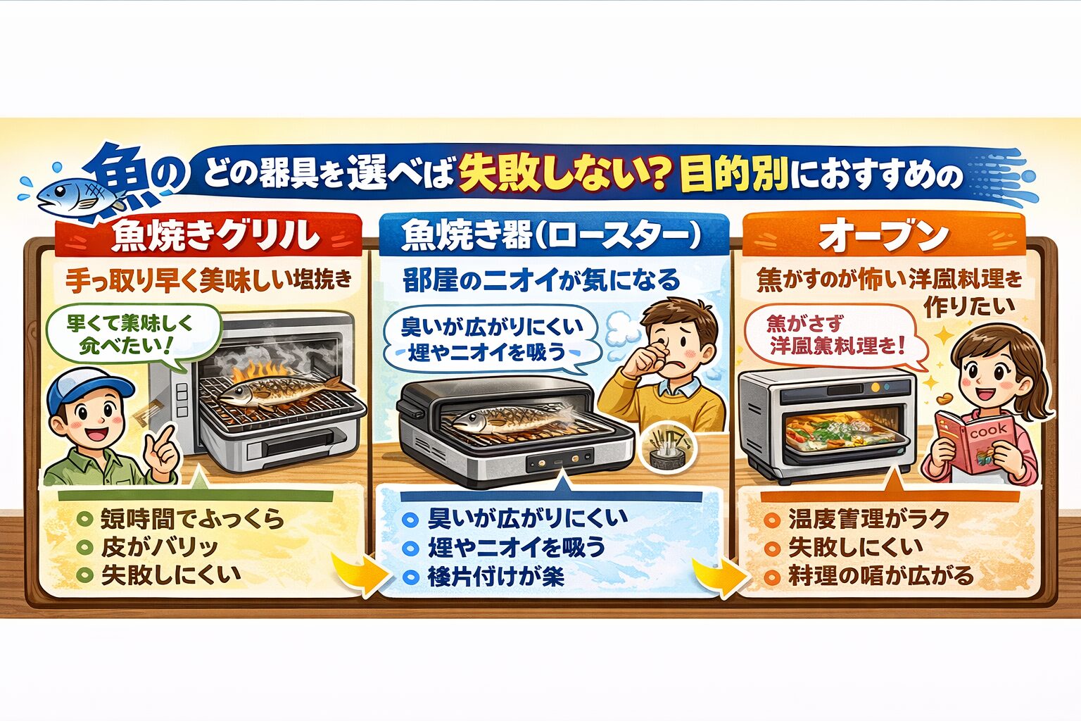 魚焼き料理は、技術よりも、器具選びがすべて。早くて美味しい塩焼き→ 魚焼きグリル 、ニオイ対策重視→ 魚焼き器（ロースター）・焦がさず洋風料理→ オーブン。釣太郎