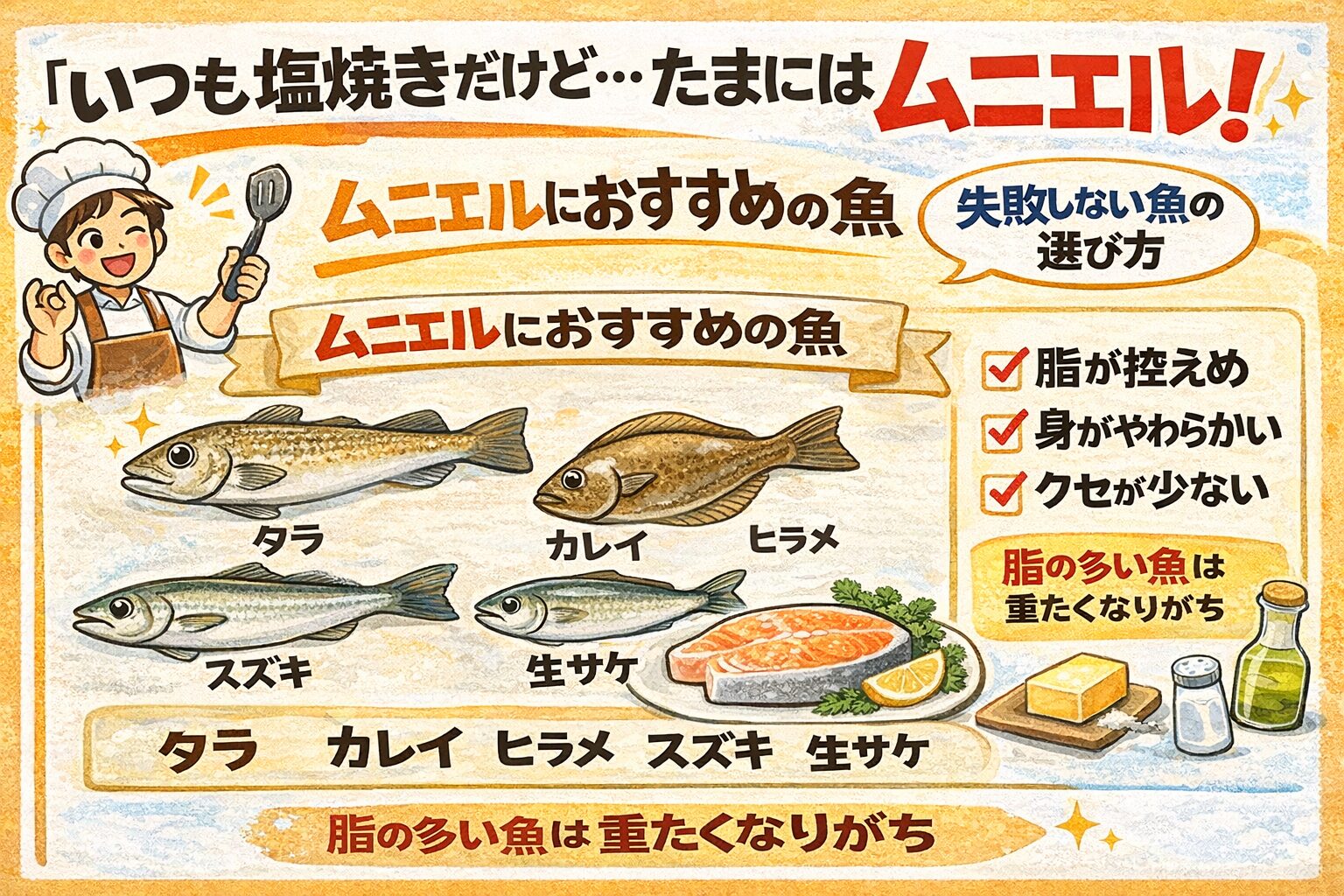 ムニエルは、以下のポイントさえ押さえれば簡単。白身魚を選ぶ。 水気をしっかり拭く。 粉は薄く、バターは後入れ。釣太郎