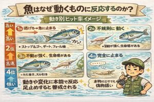 魚は動くものに本能的に反応する・視覚より「動き」と「波動」を重視している・側線が水の揺れを感知している・捕食スイッチは変化で入る。釣太郎
