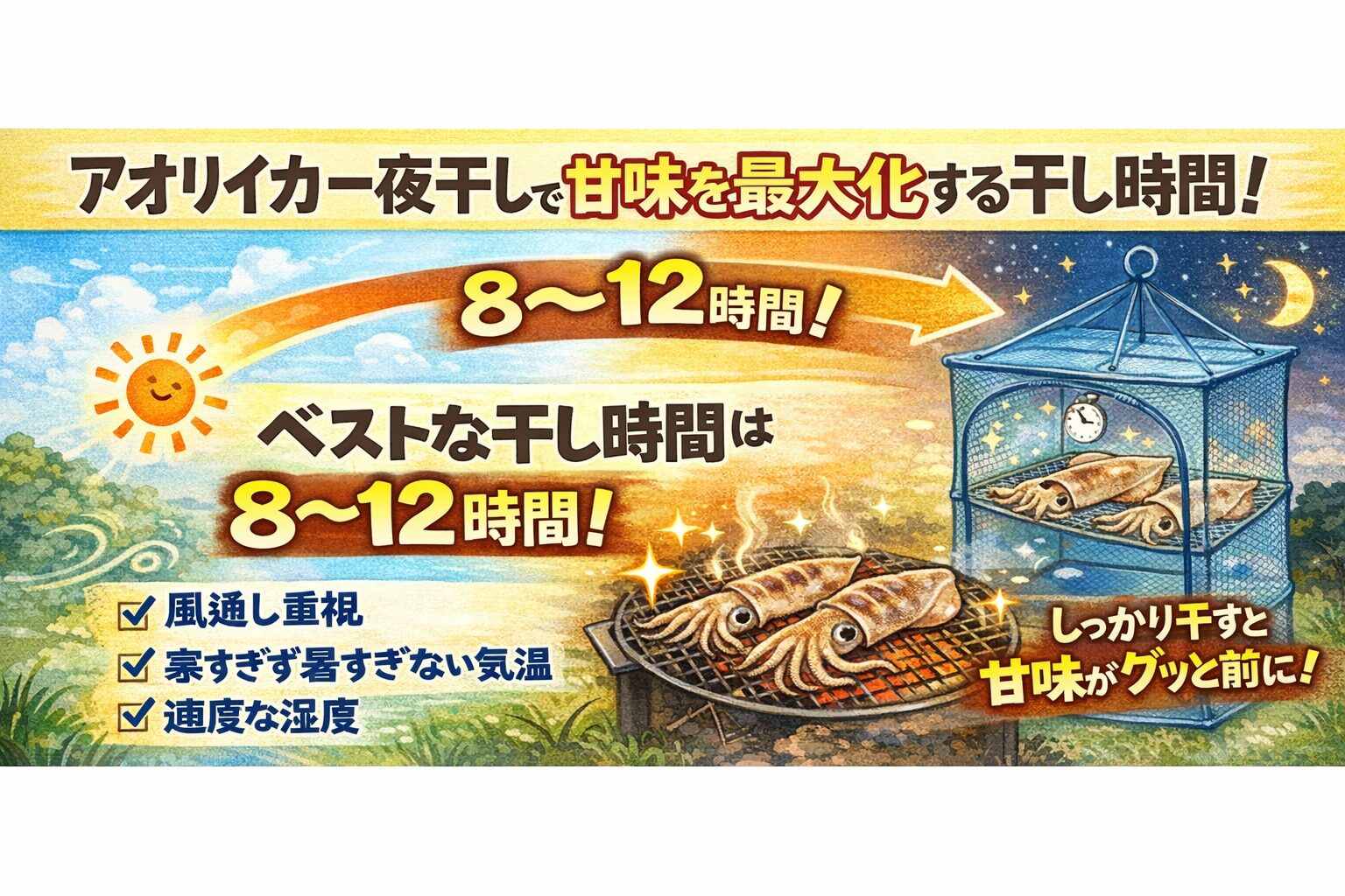 アオリイカ一夜干しで甘味を最大化する干し時間。8〜12時間。ただし温度・風・湿度、これを意識して微調整することが必須。釣太郎