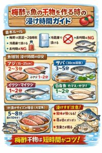 梅酢干物は「短時間」が正解。小型魚：1〜2分・中型魚：2〜5分・沖漬けサイズ：5〜8分。釣太郎 梅酢は味付けではなく下処理。釣太郎