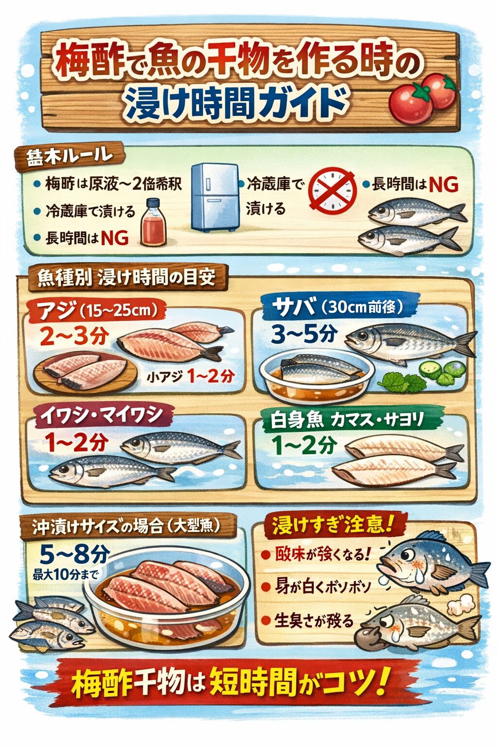 梅酢干物は「短時間」が正解。小型魚：1〜2分・中型魚：2〜5分・沖漬けサイズ：5〜8分。釣太郎 梅酢は味付けではなく下処理。釣太郎