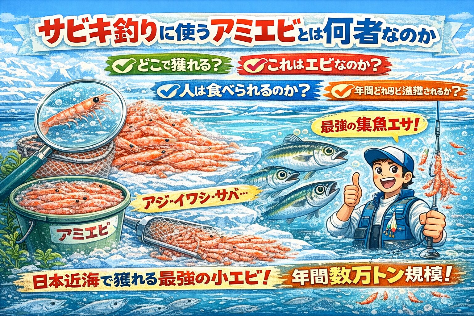 アミエビは、日本近海で獲れる小さなエビです。サビキ釣りに特化した、最強の集魚エサです。釣太郎