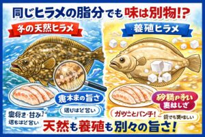 冬の天然ヒラメは、脂がのりながらも、本来のヒラメの旨さを持っています。養殖ヒラメは、砂糖を多く入れたようなわかりやすくパンチのある美味しさ。 天然ヒラメは、素材そのものの脂で勝負する 奥行きのある美味しさ。釣太郎