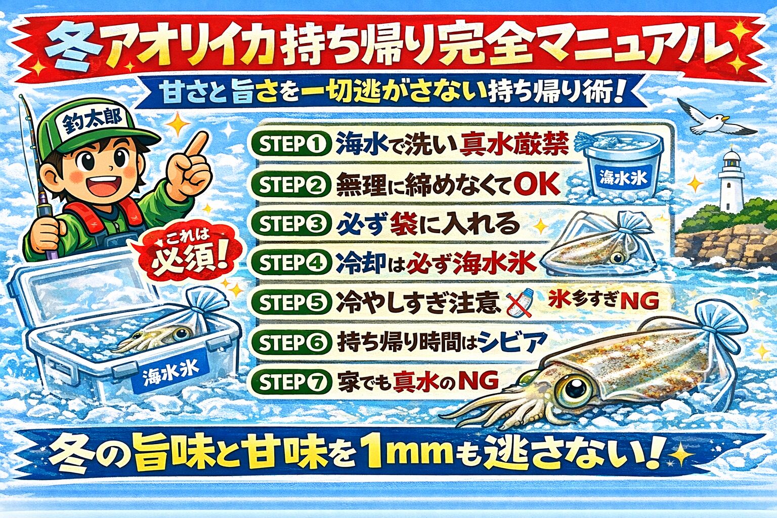 冬アオリイカは真水を使わない・直接氷に触れさせない・海水氷で優しく冷却・冷やしすぎない。釣太郎