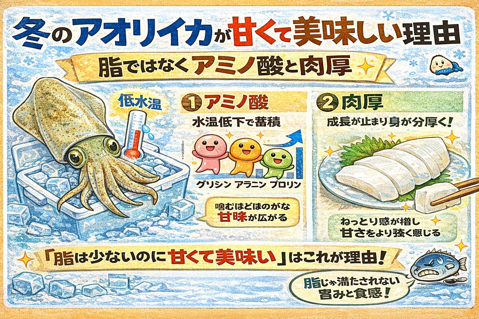 冬のアオリイカが美味しい理由。脂ではなく ・低水温で蓄積されたアミノ酸・成長が止まり生まれる肉厚な身 。この2つが揃うことで、独特の甘さと食感が生まれます。釣太郎