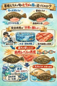 養殖ヒラメが旬の天然ヒラメの脂に近づく可能性はある・しかし筋肉細胞レベルの再現は極めて難しい・実用化は早くても2035年以降。釣太郎