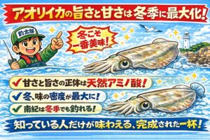 アオリイカが最も美味しいのは冬・甘さと旨さの正体はアミノ酸 ・冬は味の密度が最大化する・南紀は冬でもアオリイカが狙える特別なエリア。釣太郎