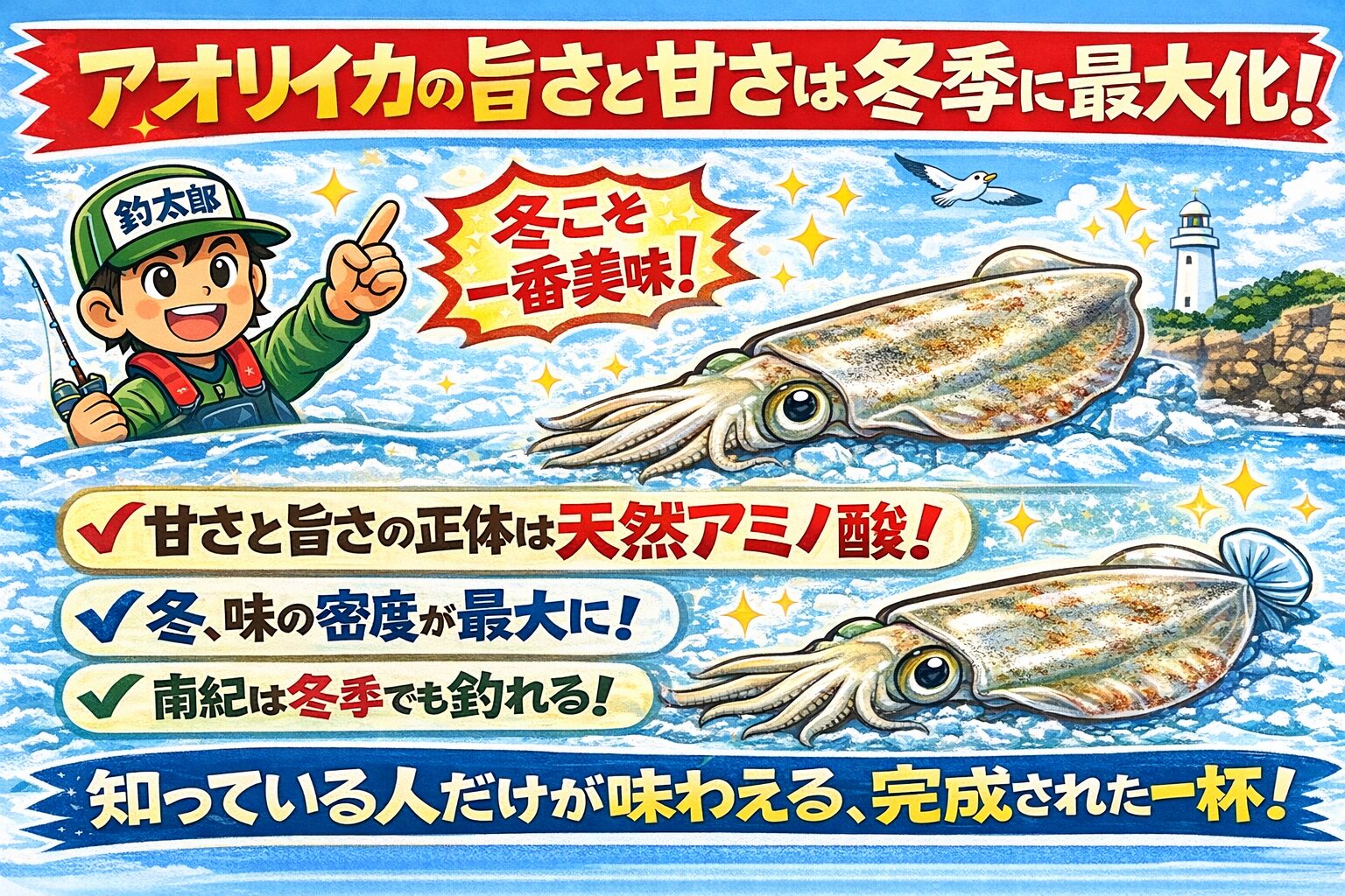 アオリイカが最も美味しいのは冬・甘さと旨さの正体はアミノ酸 ・冬は味の密度が最大化する・南紀は冬でもアオリイカが狙える特別なエリア。釣太郎