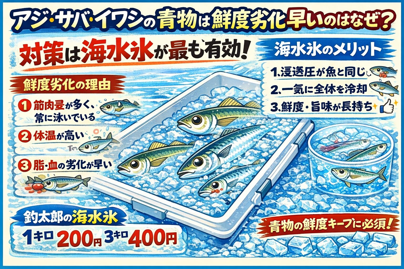青物は筋肉量と体温が高く劣化が早い・脂と血が多く臭みが出やすい・普通の氷では鮮度を守れない・海水氷は浸透圧・冷却効率ともに最適・プロも使う方法が最善。釣太郎