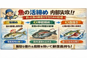 活締めとは・脳を止め ・神経を遮断し・暴れを防ぎ・血を抜き・鮮度を守る。ための、理にかなった処理です。釣太郎