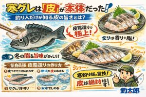 寒グレは皮が主役・冬は皮下脂肪MAX・湯引き＆炙り最強・処理ミスで台無し・南紀産は別格。釣太郎