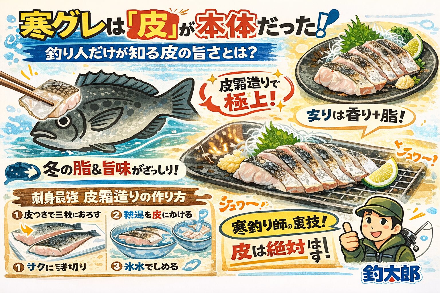 寒グレは皮が主役・冬は皮下脂肪MAX・湯引き＆炙り最強・処理ミスで台無し・南紀産は別格。釣太郎