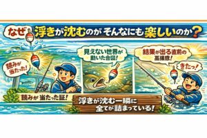 釣り人が浮きが沈むのを見るのが楽しいと言う理由。自分の読みが当たった証・見えない世界が動いた合図・結果が出る直前の高揚感。釣太郎