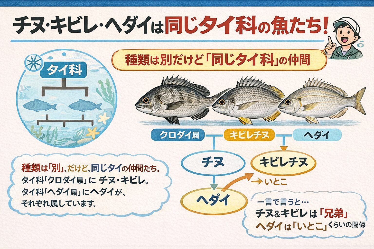 キチヌ、黒鯛、ヘダイ。チヌとキビレはほぼ同系統。✅ ヘダイは別系統だけど同じタイ科✅ 味・性質はけっこう違う。釣太郎