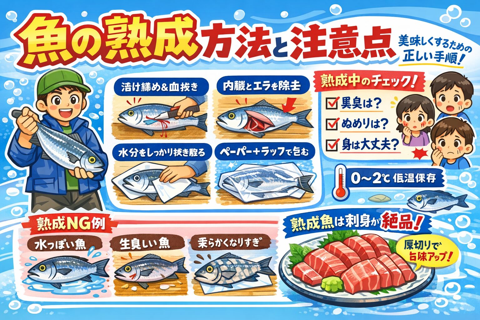 魚の熟成は・釣った直後の処理・血と内臓の完全除去・水分管理・低温管理・日数管理 。この基本を守れば 家庭でも驚くほどうまい魚が味わえます。釣太郎