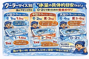 魚を美味しくする氷の量は、感覚ではなく サイズと重量で決める。クーラーサイズを見る・魚の量を見る ・季節で微調整する。 これだけで、クーラー内は自然と0〜2℃に近づく。釣太郎