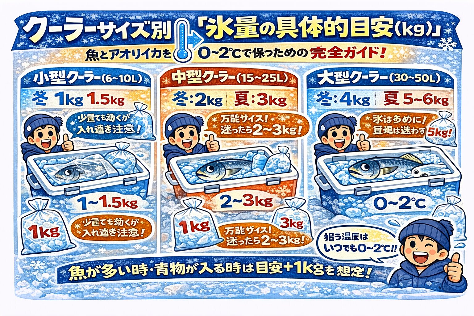 魚を美味しくする氷の量は、感覚ではなく サイズと重量で決める。クーラーサイズを見る・魚の量を見る ・季節で微調整する。 これだけで、クーラー内は自然と0〜2℃に近づく。釣太郎