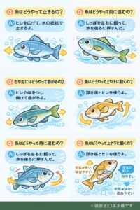 魚には・ブレーキ・ハンドル・アクセルはありません。でもその代わりに、しっぽで進み ・ヒレで止まり・体で方向を変え・浮き袋で高さを調整しています。釣太郎