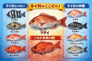 ・体は側扁し体高がある・口は小さめで前向き・鋭い犬歯がない ・雑食性で甲殻類や小魚を食べる・尾びれは二又・背びれは1枚で硬い棘を持つ。これらを総合して、スズキ目タイ科に分類される。釣太郎