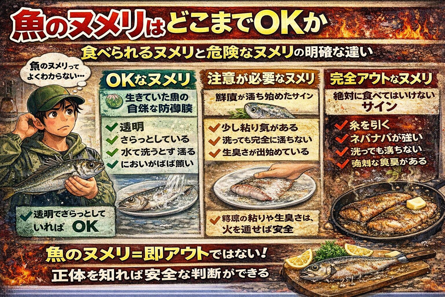 魚のヌメリは・すべてが危険ではない・むしろ新鮮な証拠の場合もある。しかし・糸を引く・強い粘り・異臭。 この3点が揃えば完全アウトです。釣太郎