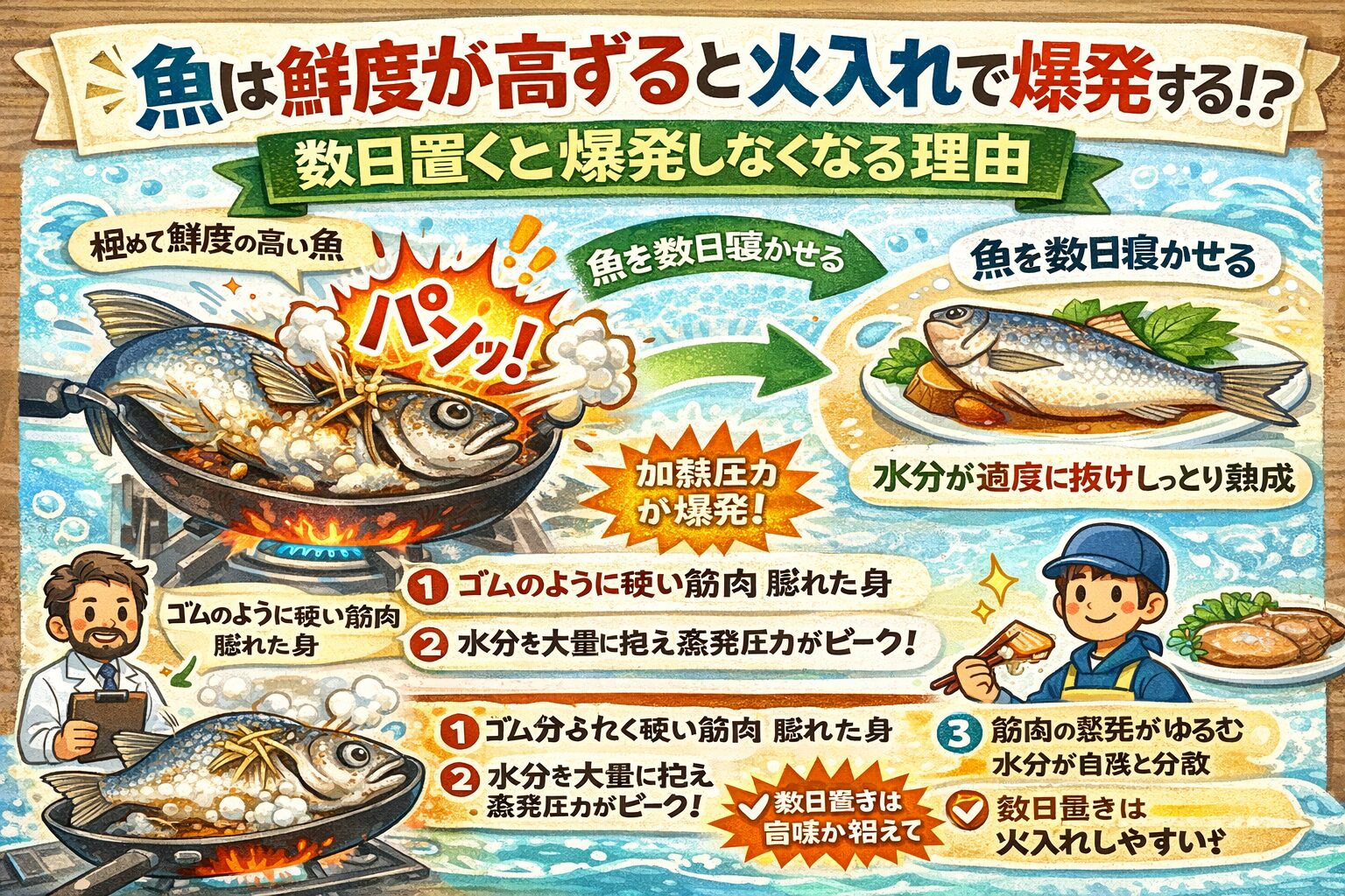 魚が火入れで爆発する理由は・鮮度が高すぎる・筋肉が強く緊張している・内部水分が逃げ場を失う。これらが重なった結果。釣太郎