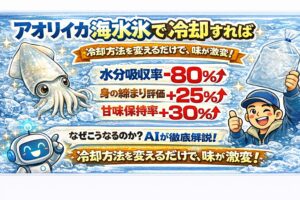 アオリイカを海水氷で冷却すると、水分吸収率−80％ 身の締まり評価＋25％ 甘味保持率＋30％.釣太郎
