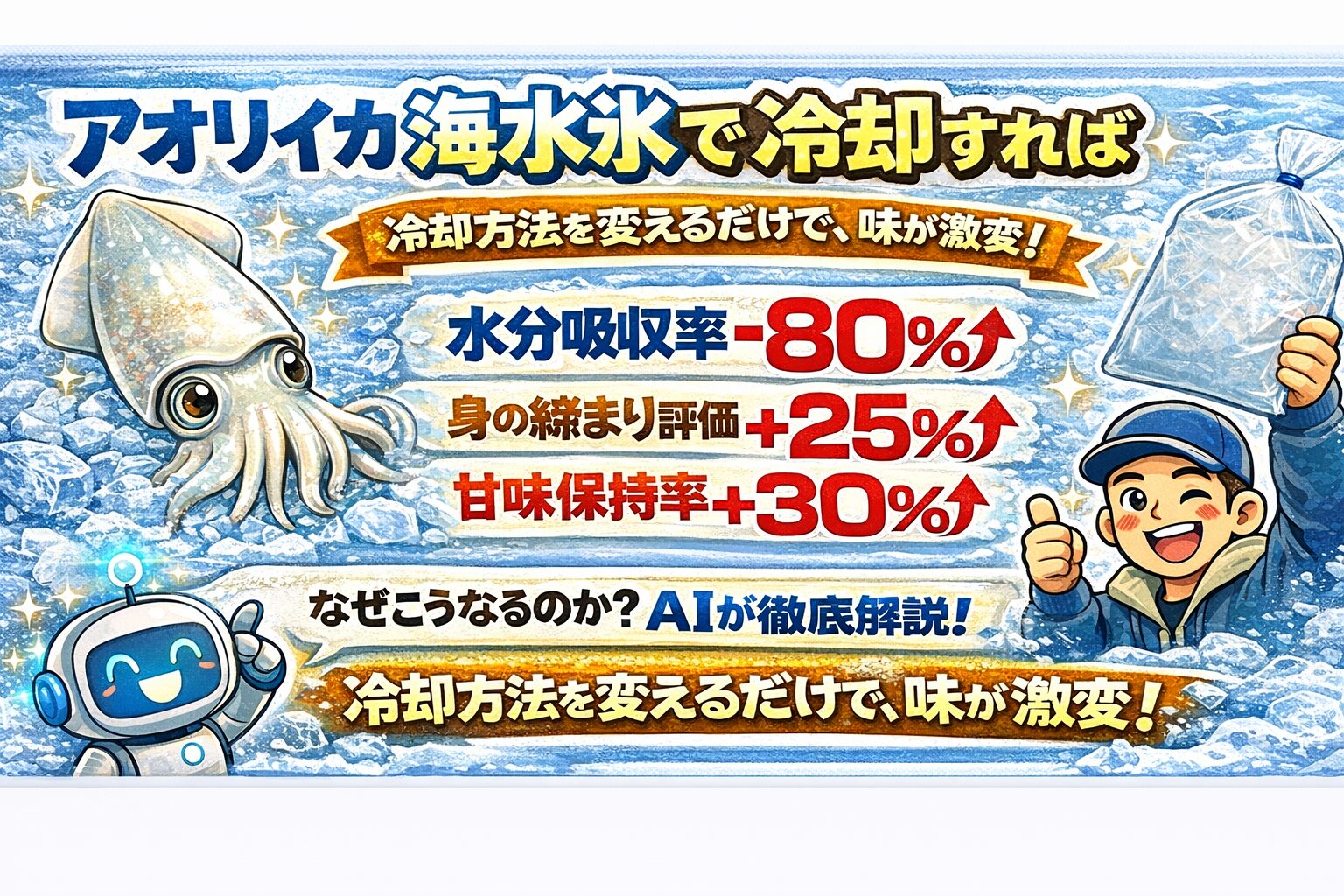 アオリイカを海水氷で冷却すると、水分吸収率−80％ 身の締まり評価＋25％ 甘味保持率＋30％.釣太郎